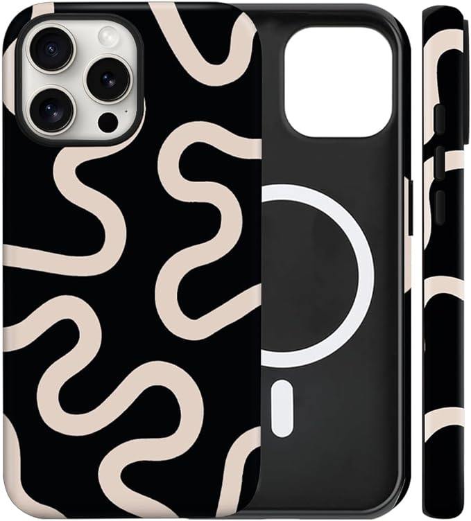 Magnetic for iPhone 15 Case Cute Curved Stripes Phone Case, Shockproof Slim TPU and Hard PC Protective Phone Cover Compatible with MagSafe Designed for Women Girls,Black