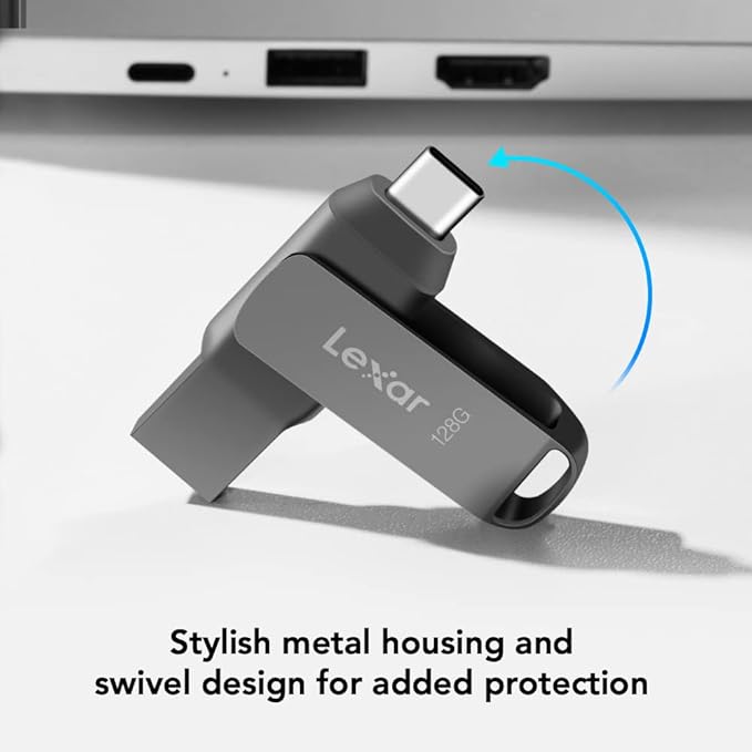Lexar 256GB JumpDrive Dual Drive D400 USB 3.2 Type-C & Type-A Flash Drive for Storage Expansion, Photo Back-up for iPhone 15, Up to 130MB/s, Metal Housing & Swivel Design, Titanium (LJDD400256G-BNQNU)