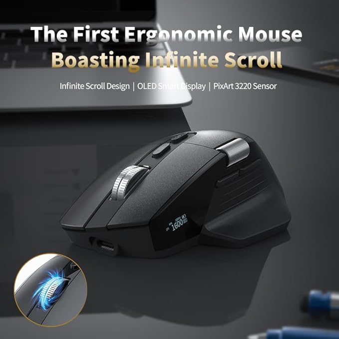Ergonomic Wireless Mouse with Infinite Scroll & Side Scroll Wheel, Bluetooth & 2.4G Rechargeable Office Mouse, 5-Device Multi-Connection, OLED Display, PixArt 3220 Sensor for Laptop PC Mac(Black)