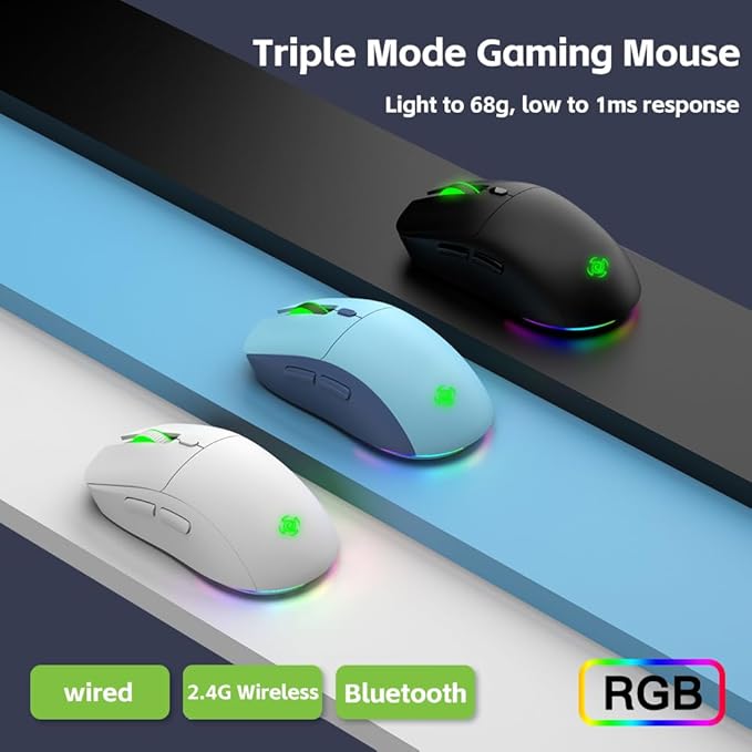 Wireless Gaming Mouse, Optical Tri-Mode RGB Mouse with 2.4G USB Receiver, 6-Level 4800 DPI, Ergonomic Gamer Mouse, 6 Macro Buttons, Rechargeable Bluetooth Mouse for Laptop, PC, Mac