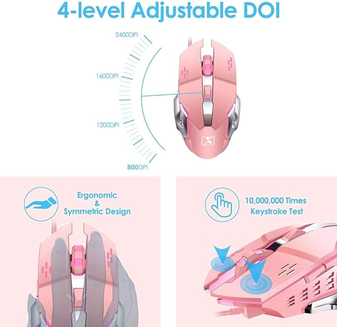 Pink Typewriter Keyboard and Mouse,Retro Vintage Mechanical Gaming Keyboard with White LED Backlit,104 Keys Anti-Ghosting Blue Switch Wired Cute Keyboard,Round Keycaps for Desktop PC/Laptop Mac