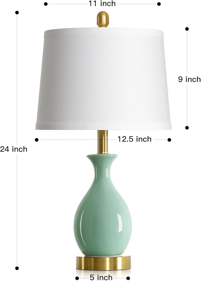 24″ Sage Green Ceramic Table Lamps Set of 2, Modern Classic Bedside Lamps for Bedroom Nightstand, Small Table Lamp for Living Room Side Table (2 LED Bulbs Included)