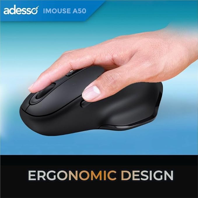 Adesso iMouse A50 Ergonomic Wireless Mouse, Bluetooth and 2.4GHz Dual Mode with USB-C Receiver, Copilot AI Hotkey, 3 Level DPI (1000/1600/2400), 6 Buttons, Right Hand Design for Windows
