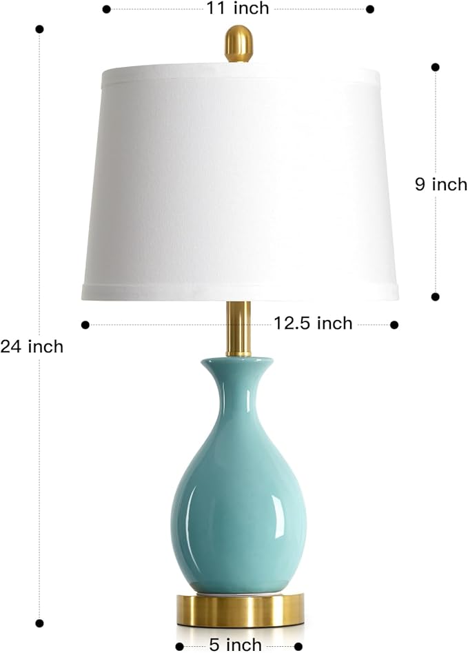 24″ Aqua Blue Ceramic Table Lamp for Living Room, Modern Classic Bedside Lamp for Nightstand, Small Table Lamp for Bedroom End Table (1 Pack)