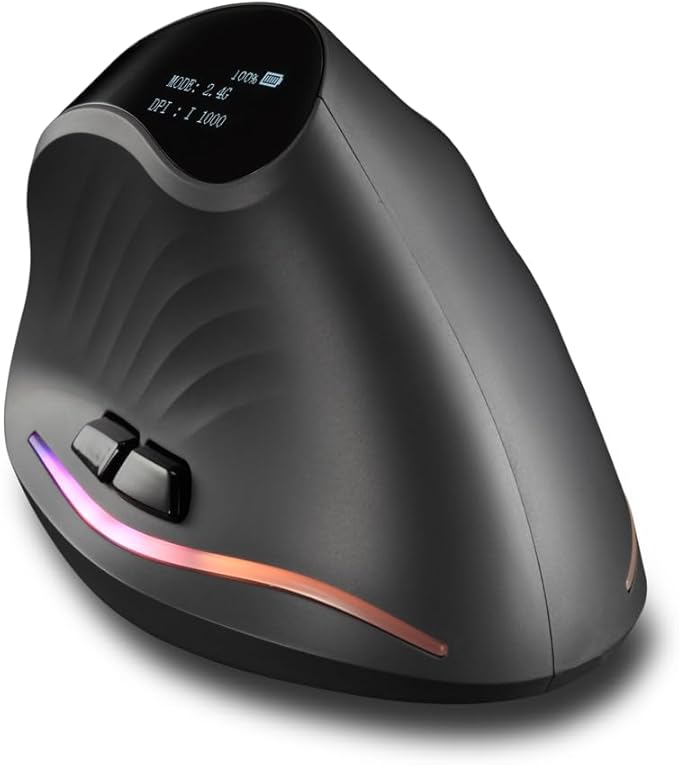 zelotes Bluetooth Wireless Vertical Mouse with Display,Rechargeable,Dual Mode (BT 5.0/3.0 + 2.4G USB Receiver),4000 DPI(5-Level Adjustable),Optical Portable Ergonomic Mouse for PC,Laptop,Tablets,Black