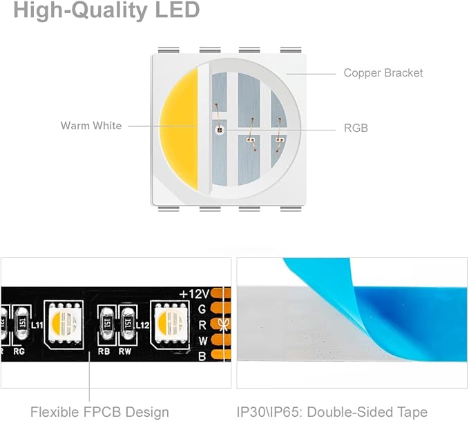 BTF-LIGHTING RGBW LED Strip Lights,UL Listed,5050 4 Colors in 1 RGB + 2700K-3000K Warm White,12V DC,16.4ft/5m 60LEDs/m 12mm Black PCB, IP30 for Home Decoration(No Adapter or Controller)