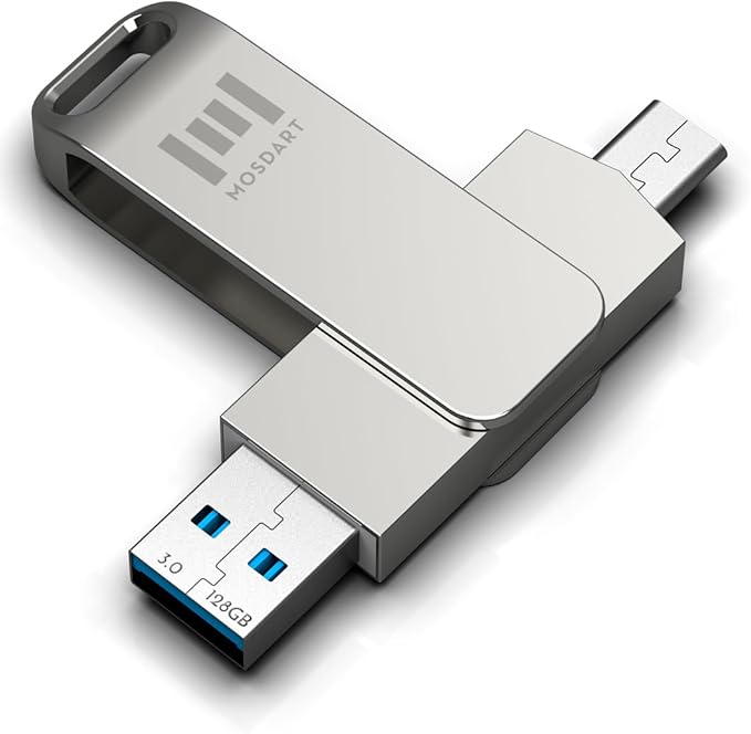 MOSDART 128GB USB C 3.2 Fast Speed C and A Dual Flash Drive, exFAT Memory Stick with Keychain Loop, for iPhone 15,16,17, Android Phone, iPad, MacBook, Silver