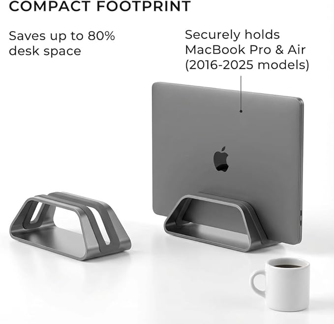 HumanCentric Vertical Laptop Stand Compatible with MacBook Pro and MacBook Air, Holder for Personal Computer Desk Stand, Aluminium, Exchangeable Inserts to Fit Different Device Models, Silver