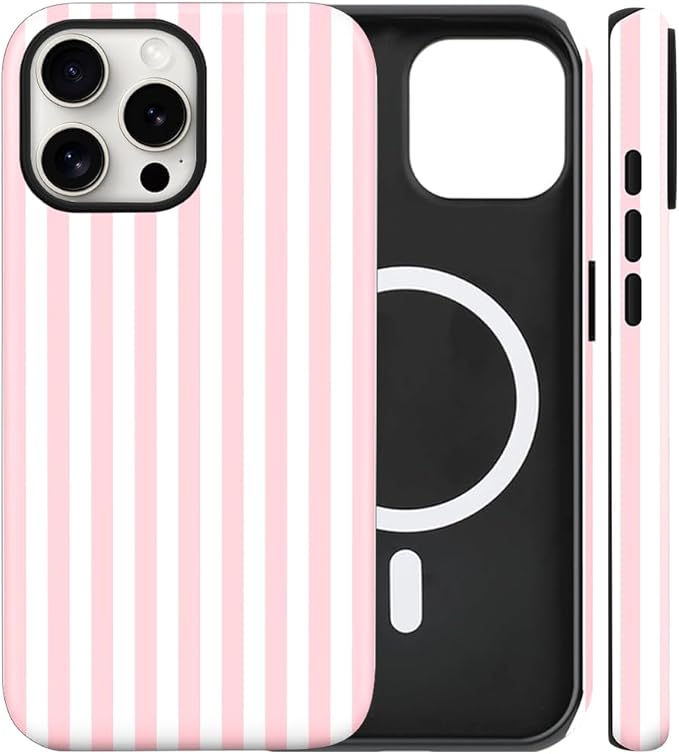 Magnetic for iPhone 15 Pro Case Cute Stripes Phone Case, Shockproof Slim TPU and Hard PC Protective Phone Cover Compatible with MagSafe Designed for Women Girls, Pink and White