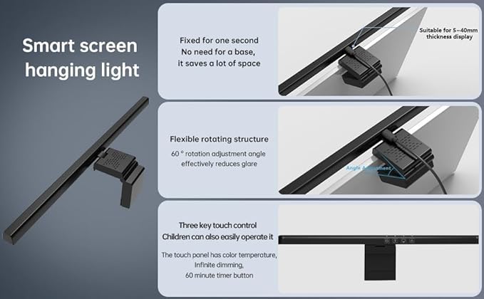Monitor Light Bar with RGB Backlight, Computer LED Screen Lamp for Eye Caring, USB Powered Dual Light Source with Touch Control Timed Computer Monitor Desk Lamp for Game Office Home Silver