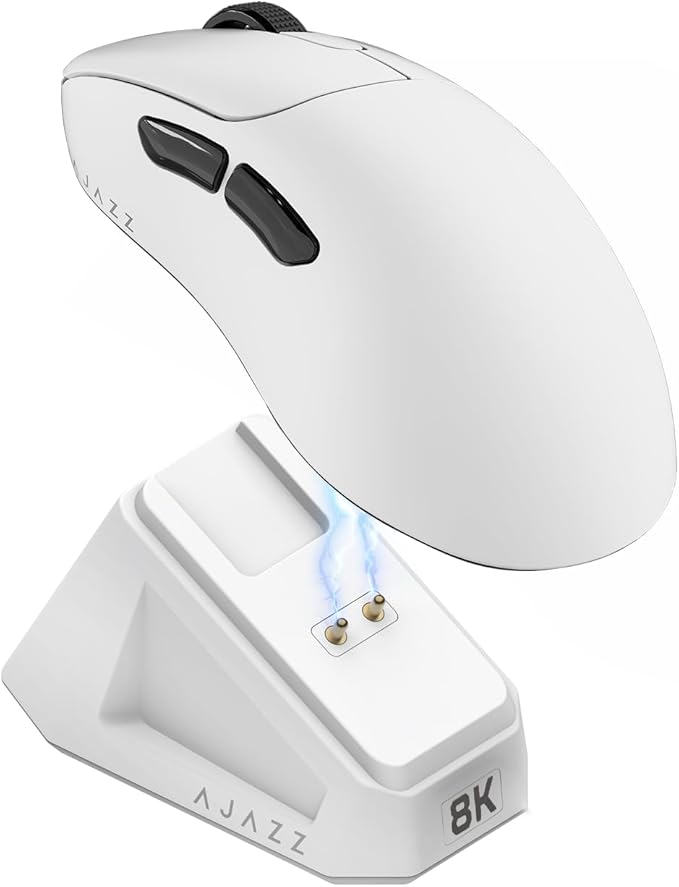 AJ179PRO PAW3395 26000 DPI Gaming Mouse, 8000Hz Polling Rate, 58g Ultra-Light, Tri-Mode (2.4G/Wired/Bluetooth 5.2), Magnetic RGB Charging Dock, Ergonomic Right-Hand Design, White