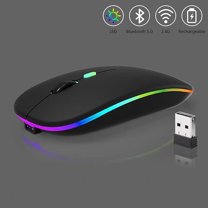 2 Pack Wireless Bluetooth Mouse,LED Dual Mode Rechargeable Silent Slim Laptop Mouse,Portable(BT5.2+USB Receiver) Dual Mode Computer Mice,for Laptop,Desktop Computer,ipad Tablet,Phone,TV (Black)