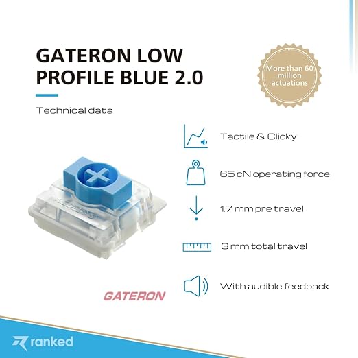 Ranked Gateron Ks-33 Low Profile v2 Key Switches for Mechanical Gaming Keyboards | Plate Mounted (Gateron Blue, 90 Pcs)