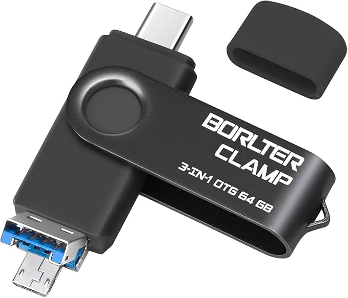 64GB 3 in 1 USB 3.0 Flash Drive Photo Stick for Android Phones, BorlterClamp OTG Memory Stick with 3 USB Ports (USB C, microUSB, USB A) for Samsung Galaxy, LG, Tablets, PC and More, Black