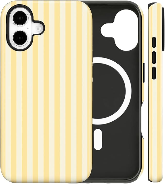 Magnetic for iPhone 16 Case Cute Stripes Phone Case, Shockproof Slim TPU and Hard PC Protective Phone Cover Compatible with MagSafe Designed for Women Girls, Yellow