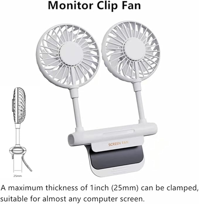 Monitor Fan with 2 Rotatable Heads, 3 Speeds, Sturdy Clamp, USB Powered Cooling Fan for Office Desk & Laptop.