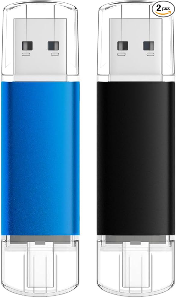 AreTop 64GB USB C Flash Drive Dual USB 2.0 Flash Drive Type C + USB A Portable USB-C Thumb Drive 2-in-1 Type-C Memory Stick for Android Smartphone, Computers, MacBook, Tablets, 2 Pack, (Black & Blue)