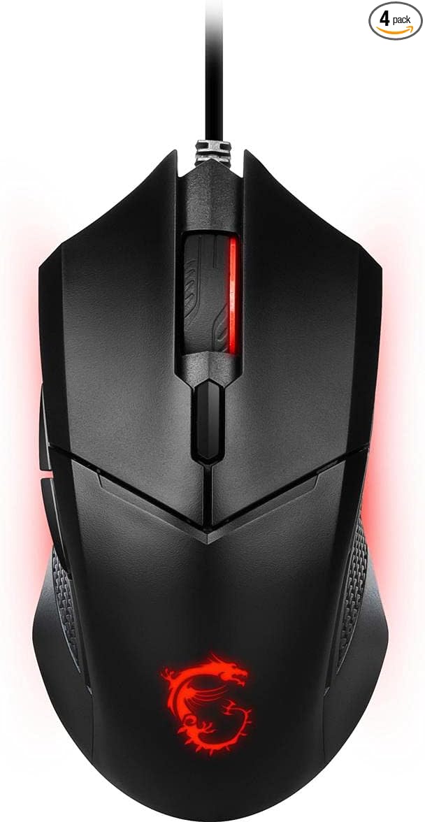 MSI Clutch GM08 Gaming Mouse, 4200 DPI, Optical Sensor, 3 Adjustable Weights, Red LED Lighting, Symmetrical Design, Black (Pack of 4)