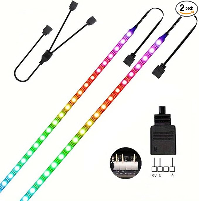 RGB Strip Light for PC Case, 2x19.7in 60LEDs Addressable LED Strip for Motherboard 5V 3-Pin Header Gaming Case DIY Lighting