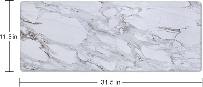 White Grey Marble Print Large Gaming Mouse Pad Keyboard Desk Pad Extended Mouse Pad Gaming Office Decor, PC Laptop Mouse Pads Large (31.5x11.8 in) with Stitched Edges Non-Slip Base Mousepad XL