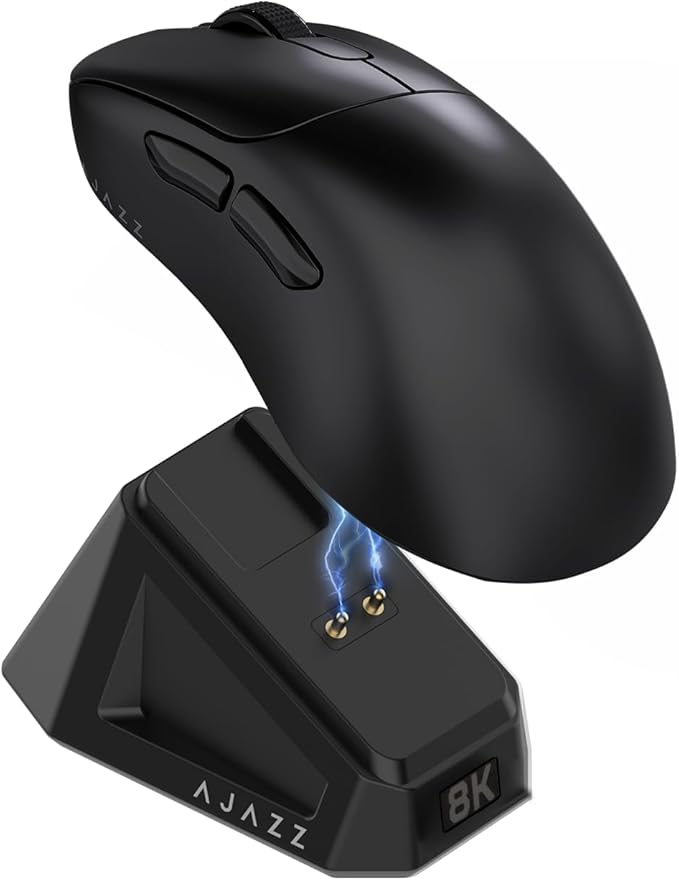 AJ179PRO PAW3395 26000 DPI Gaming Mouse, 8000Hz Polling Rate, 58g Ultra-Light, Tri-Mode (2.4G/Wired/Bluetooth 5.2), Magnetic RGB Charging Dock, Ergonomic Right-Hand Design, Black