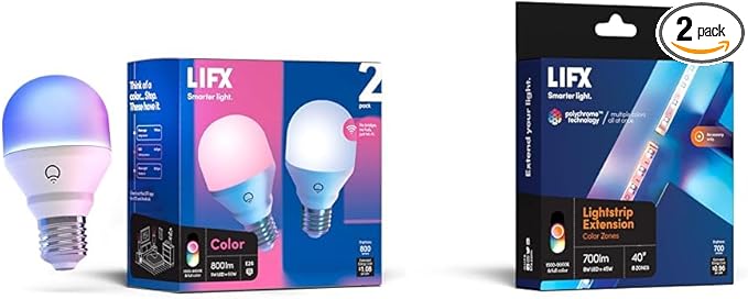 LIFX Color 800 Lumens Smart LED Light Bulb 2-Pack and 40" Extension Lightstrip, No Bridge Required, Compatible with Alexa, Hey Google, HomeKit and Siri
