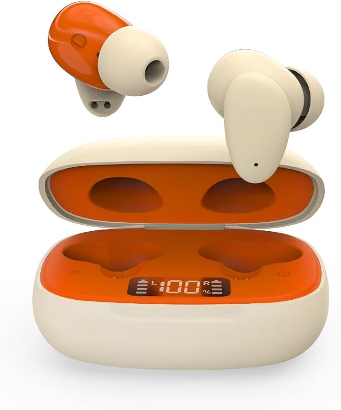 Avantalk Clan N1 - Active Noise-Canceling Wireless Earbuds for Music & Calls While Commuting with Hybrid ANC, Transparency Mode, Cute Bluetooth Headphones with Built-in Controls, Orange & Beige