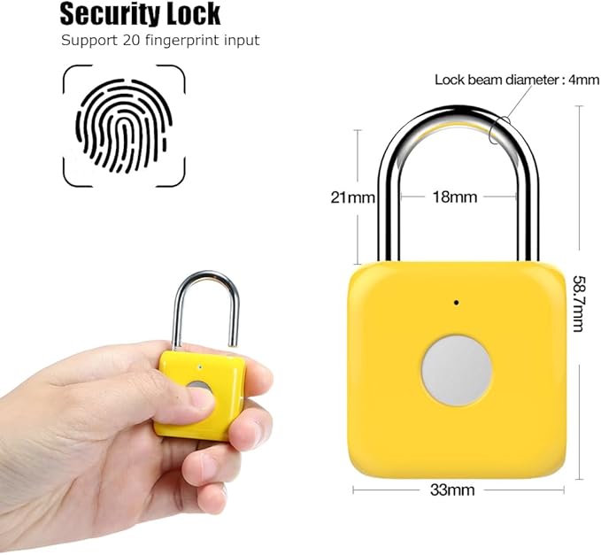 Fingerprint Padlock eLinkSmart Gym Locker Lock with Phone App iOS Watch Metal Keyless Combination Locks for School Sports Locker Hasp Storage Backpack Suitcase Yellow