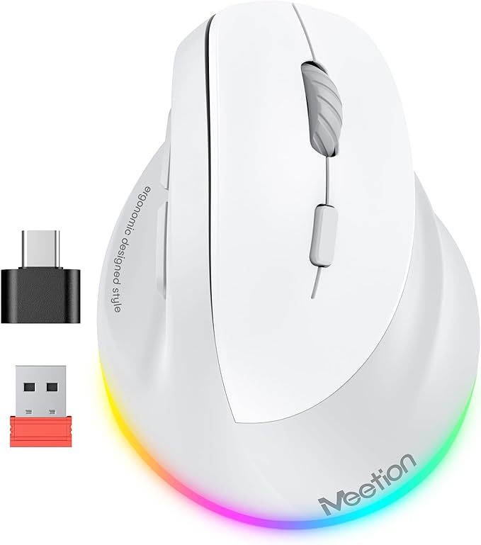 MEETION Ergonomic Mouse, Wireless Vertical Mouse RGB Backlit Rechargeable Mice for Bluetooth(5.2 + 3.0) & USB-A with Type-c Adapter 4 Adjustable DPI Mac/Windows/Andriod/Tablet/iPad Gray