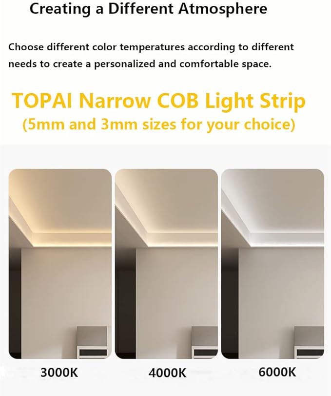 TOPAI 12V Thin 5mm COB LED Strip Light 6000K Cool White 16.4ft Bright 4000Lm CRI>90 Uniform Dotless 400LEDs/M Adhesive Flexible Cuttable LED Tape for DIY, Bedroom, Under Cabinet Lighting