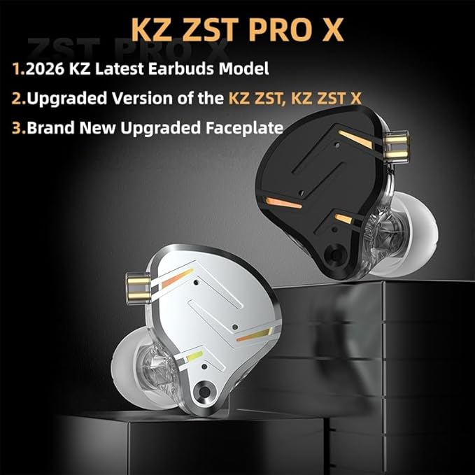KZ ZST PRO X in Ear Monitor Headphones, 1BA 1DD Hybrid Driver Wired Gaming Earbuds, Deep Bass Sound Wired Ear buds, HiFi IEM for Gaming Music Video Calling Singer Musician Drummer DJ (with mic,Silver)