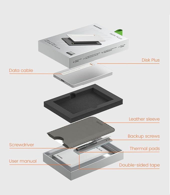 sharge Disk Plus SSD Enclosure 10Gbps M.2 NVMe, 0.24" Ultra Slim Aluminum Enclosure with Built-in Cable USB C 3.2 Gen2 Support Size 2230/2242/2280 M Key SSDs (SSD not Included)