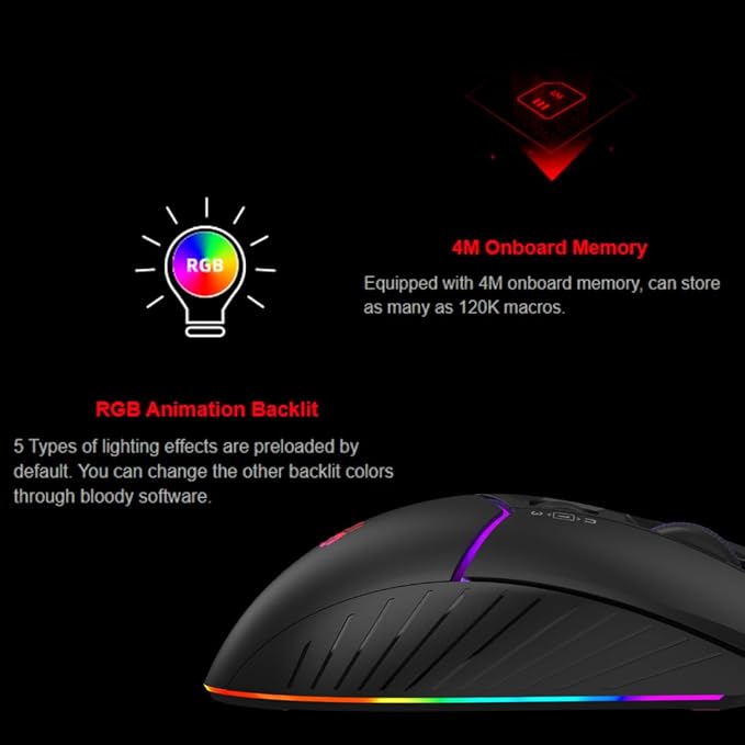 Bloody W95BR Max Extra Fire Gaming Mouse - 12,000 CPI, BC3332-A Sensor, 2000 Hz Report Rate, 4M Onboard Memory, RGB Backlit, Adjustable LOD, Precision Control, Ergonomic Design