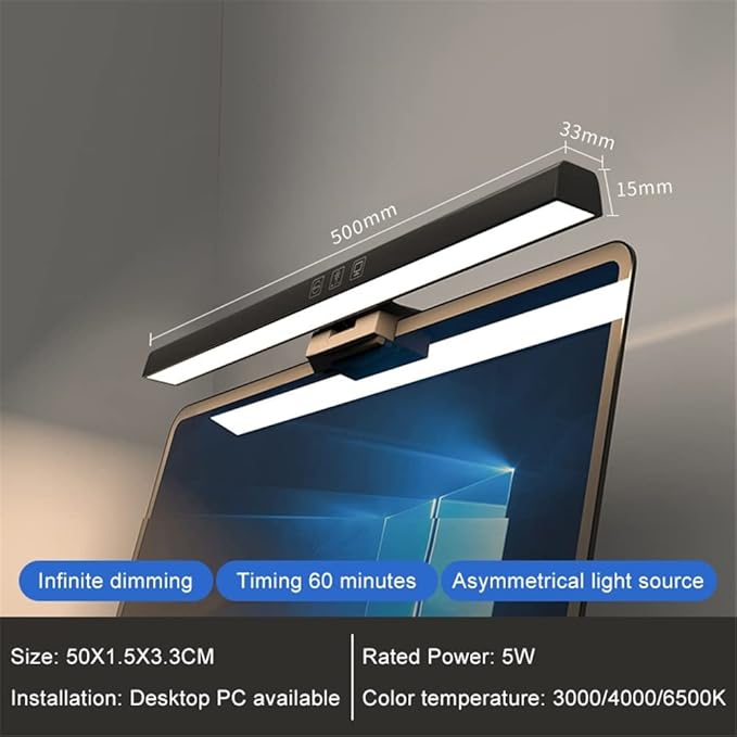 Computer Monitor Lamp LED Screen Hanging Light Bar for Eye Caring, 60 Min Auto-Off Timer, Infinite Dimming, No Screen Glare Space Saving Home Office Desk Laptop e-Reading Lights (50cm/19.7in)