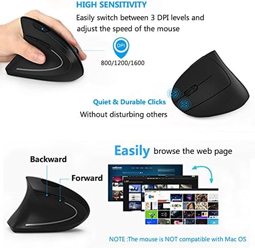 Lekvey Left Handed Mouse, Wireless 2.4 GHz USB Lefty Left Hand Ergonomic Vertical Mouse, Less Noise - Black