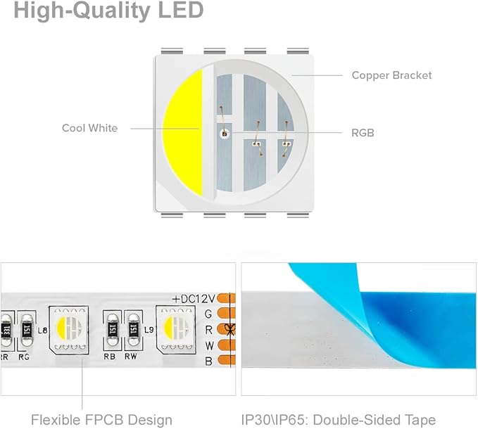 BTF-LIGHTING RGBW LED Strip Lights,UL Listed,5050 4 Colors in 1 RGB + 6000K-7000K Cool White,12V DC,16.4ft/5m 60LEDs/m 12mm White PCB, IP65 Waterproof for Home Decoration(No Adapter or Controller)