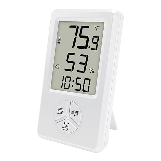 Urageuxy Digital Hygrometer Indoor Thermometer with Min Max Records, Humidity Gauge with Clock for Room, Home, Bedroom, Office, Greenhouse, Cellar