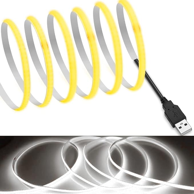 MDee】USB COB Tape Light LED Strip 3.28ft/1m- Flexible 5mm Hidden DC 5V LED Tape with 320 LEDs/m for White (6000K) Lighting. Cuttable, Shapeable, USB Powered. Ideal for Kitchen, Office Decor