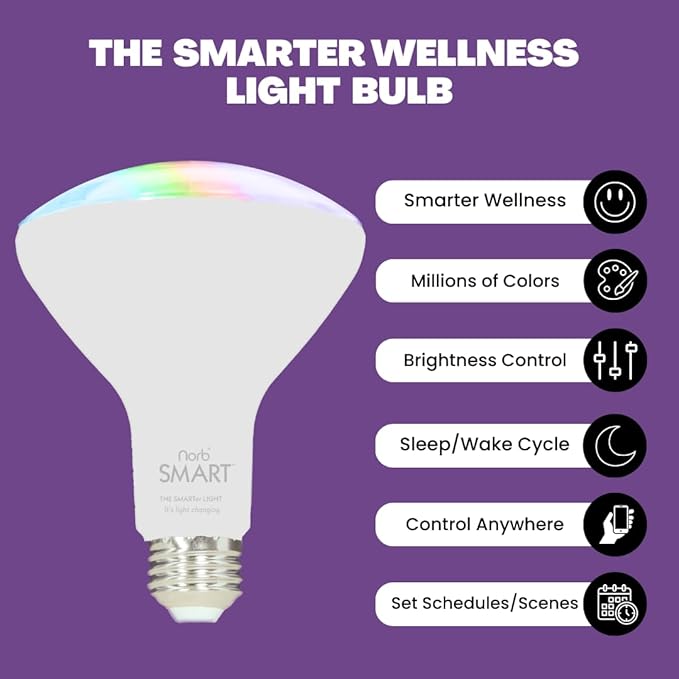 NorbSMART - Circadian Rhythm Supporting Tunable LED w/NorbSMILE, Sleep, Relief, Cozy, and Custom Colors in One Bulb. WiFi Enabled App, Alexa/Echo/Google Home, 9W, BR30, No Hub Required (2-Pack)