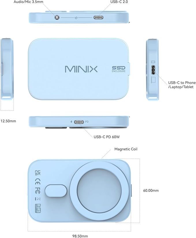 MINIX Magnetic M.2 2230 NVMe SSD Encosure Only Supports iPhone 15/16 Pro Max ProRes, Type C USB 2.0 Audio Port, Compatible with iPad Pro, MacBook,Laptop, PD 60W Max, External SSD Case