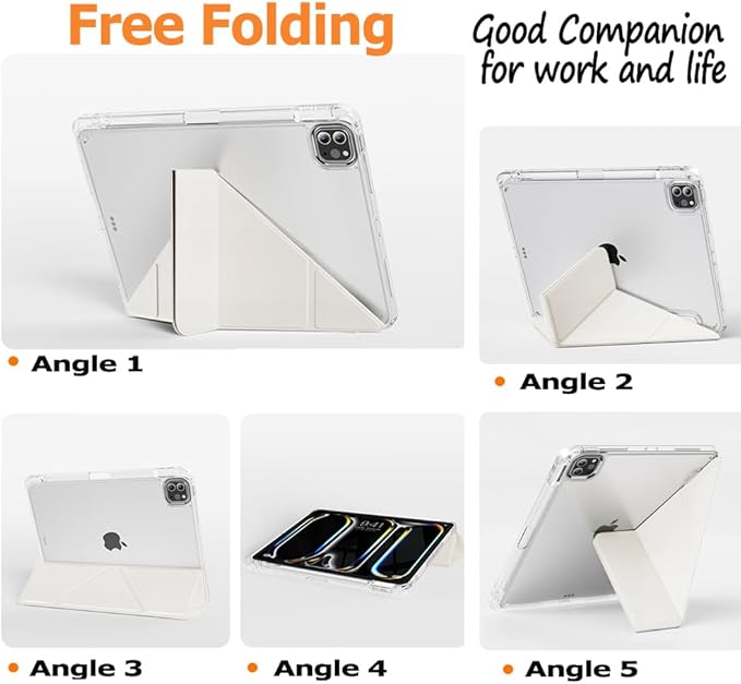 Case for iPad Pro 11 Inch 4th/3rd/2nd Generation (2022/2021/2020) with Pencil Holder, Multi-Angle Trifold Stand, Auto Wake-Sleep, Protective Clear Acrylic Backshell, Slim Smart Cute Cover (Cream)