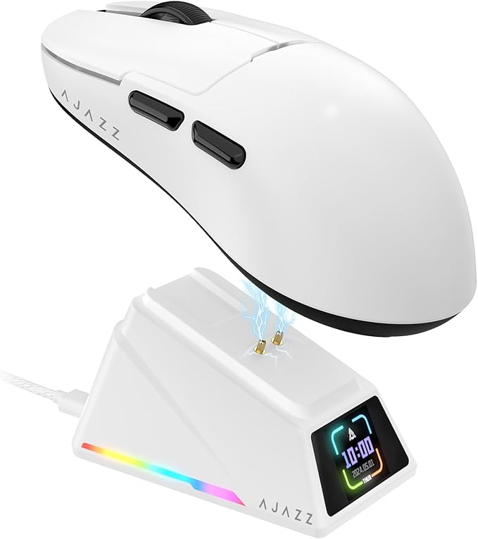 Yindiao AJAZZ AJ159 APEX Wireless Gaming Mouse with Magnetic Charging Base, 56g Lightweight BT/2.4G/USB-C Wired Mouse, PAW3950APEX 42K DPI Optical Sensor, Programmable Buttons for PC/Mac/Win(White)