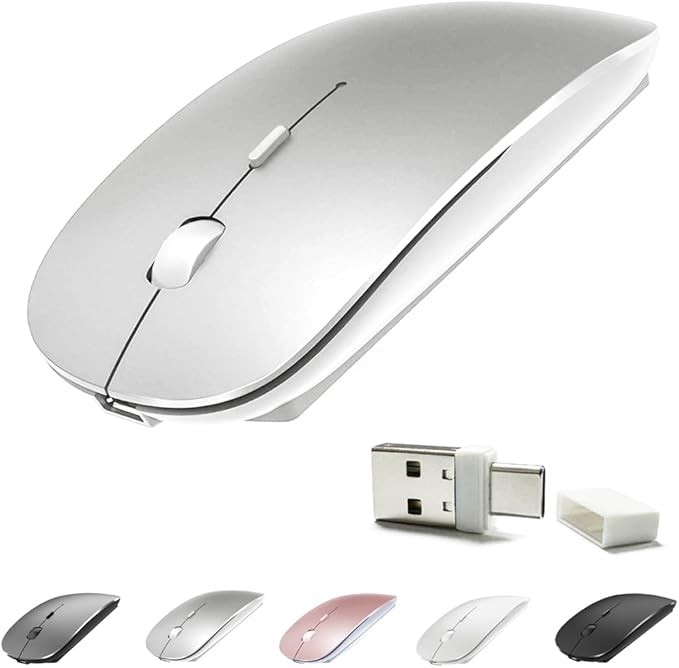 KLO Rechargeable Bluetooth 5.2/3.0/Type-C/USB-2.4G Mouse for MacBook/MacBook air/Pro/iPad, Wireless Mouse for Laptop/Notebook/pc/iPad/Chromebook (Silver)