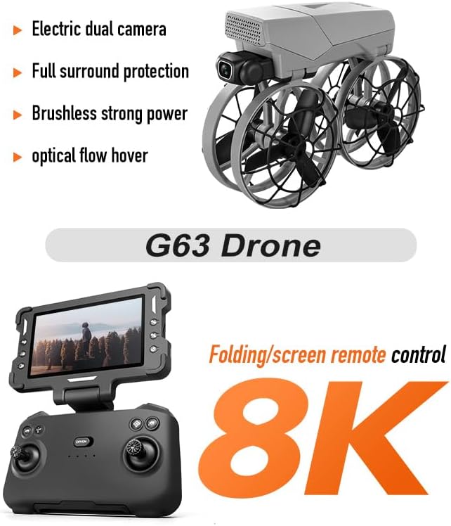Foldable Drone with HD Camera Propeller Safety Protection, Screen Remote Control FPV Drones, Optical Hovering Brushless Motor G63 Mini Quadcopter with LED Light & 2 Batteries for Adult Beginners