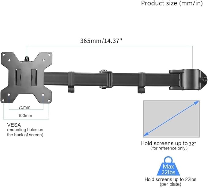 suptek Single Monitor Arm for Desk Mount Stand,Adjustable Monitor Arm for 13 to 32 inch Screen,Support Weight up to 22lbs,and Mounting Holes 75x75mm to 100x100mm,Black(MD6DB)