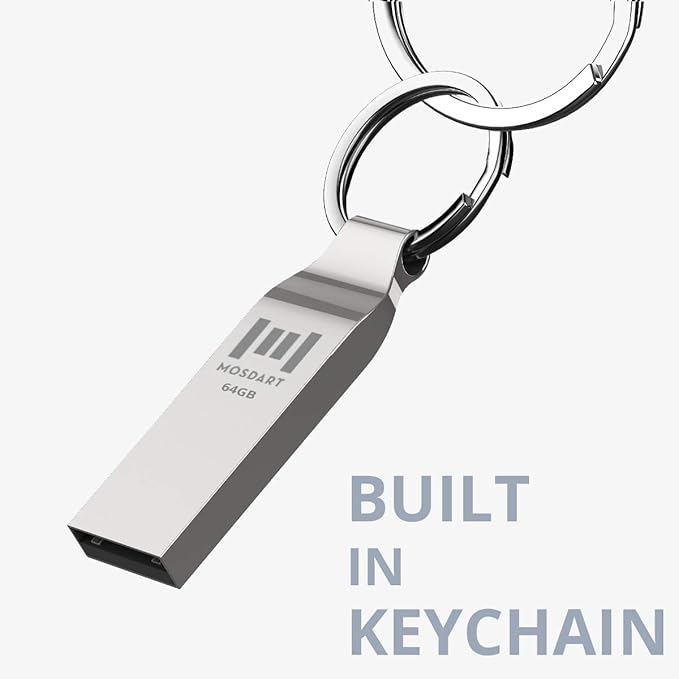 MOSDART Waterproof 64GB USB2.0 Flash Drive, exFAT Metal Memory Stick with Keychain, for System Back, Data Storage, Silver(Pack of 2)