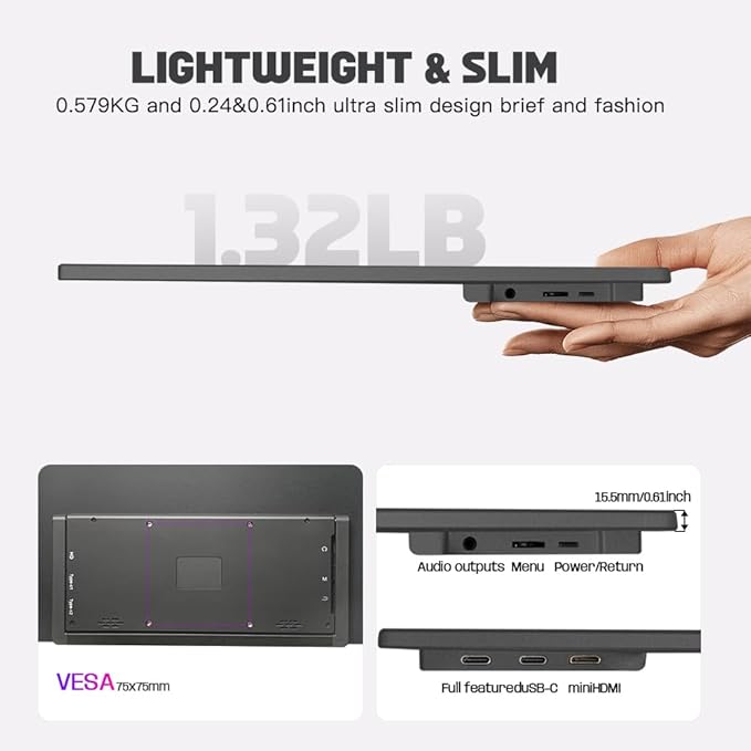 4K Portable Monitor 13.3 inch 3840x2160 UHD IPS USB-C HDMI 100% sRGB Gaming Travel Display with Speakers for Computer Laptop Switch PC