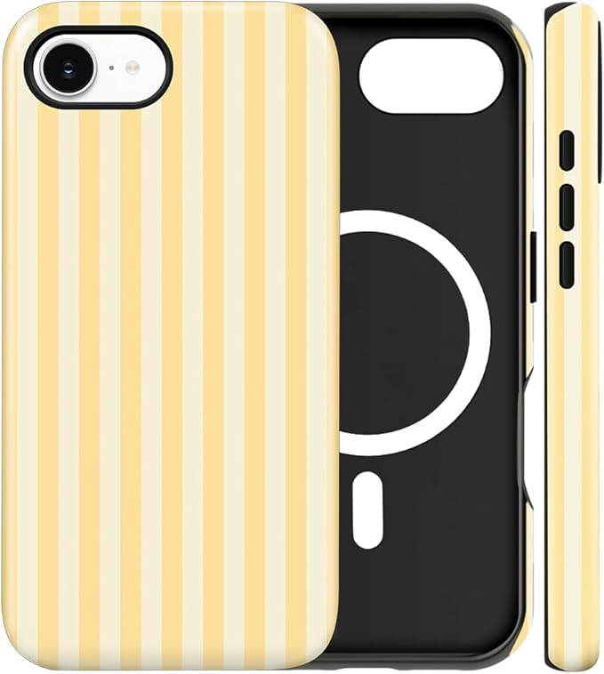 Magnetic for iPhone 16e Case Cute Stripes Phone Case, Shockproof Slim TPU and Hard PC Protective Phone Cover Compatible with MagSafe Designed for Women Girls, Yellow