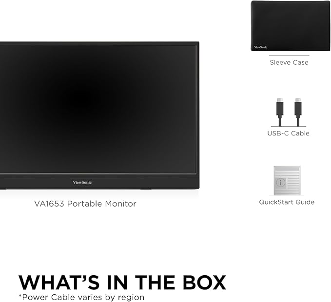 ViewSonic VA1653 16 Inch 1080p Portable Monitor, IPS Display with Eye Care for Easy Second Screen Productivity, Built-in Stand, USB-C, Mini HDMI, and Protective Case