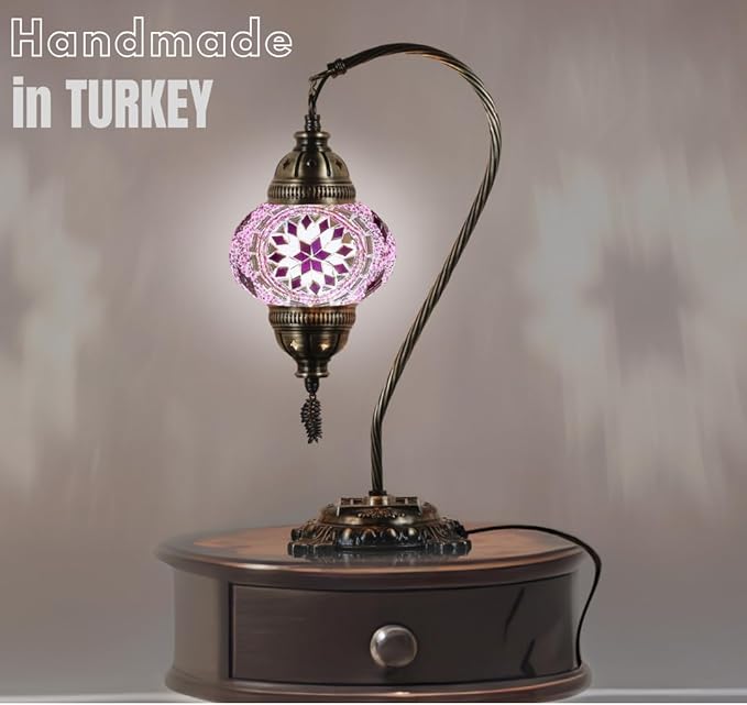 DEMMEX Turkish Moroccan Mosaic Table Lamp – Handcrafted Tiffany-Style Colorful Glass Swan Neck Bedside, Desk, Table Light, Boho Artisan Accent Lighting for Bedroom or Living Room – 15" H, Lilac